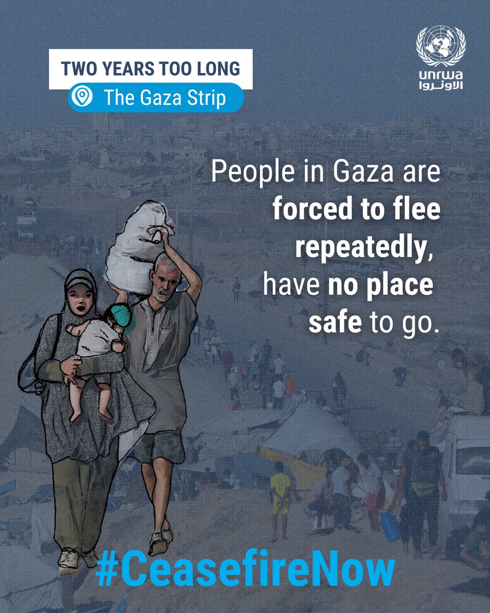 UNRWA's tweet image. For two years too long, people in #Gaza have been going through forced displacement.

They are confined to ever-shrinking spaces with over 82 per cent of the Gaza Strip within the Israeli-militarised zone, under displacement orders, or where these overlap, as of 17 September…