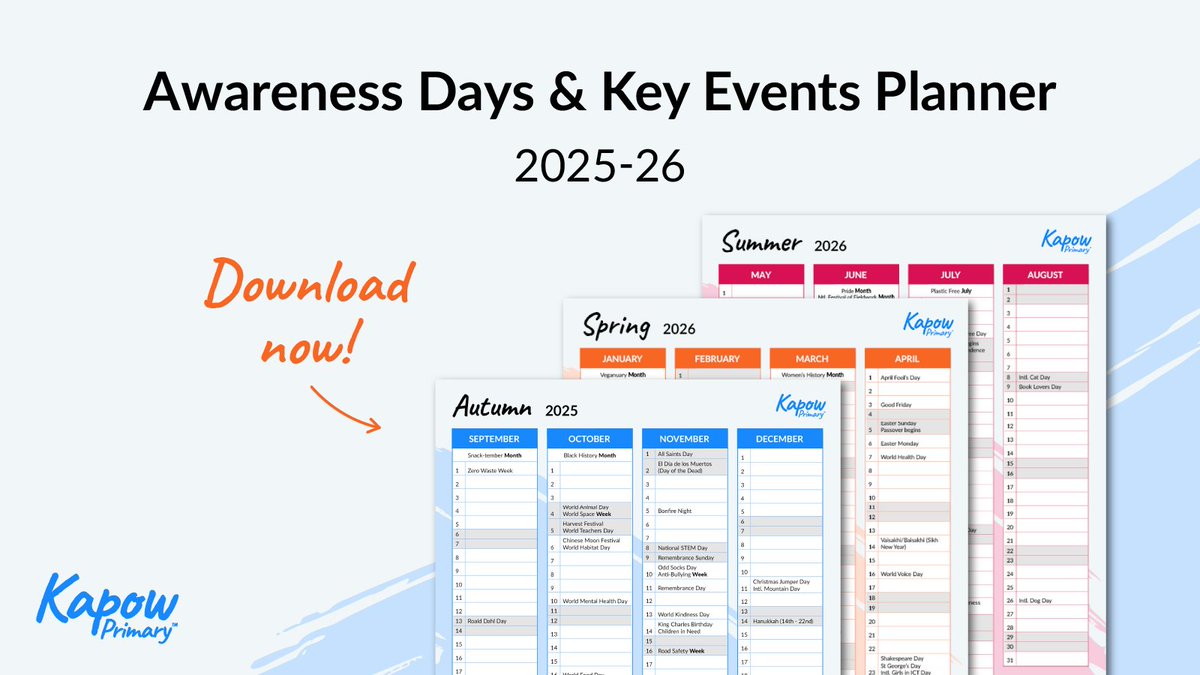 kapowprimary's tweet image. 🗓️ Stay ahead this school year!
Download our FREE annual planner packed with seasonal, topical &amp;amp; awareness events most relevant to primary schools.

👉 Get yours here: eu1.hubs.ly/H0nmN2J0

#PrimaryTeaching #TeacherLife #FreeResource