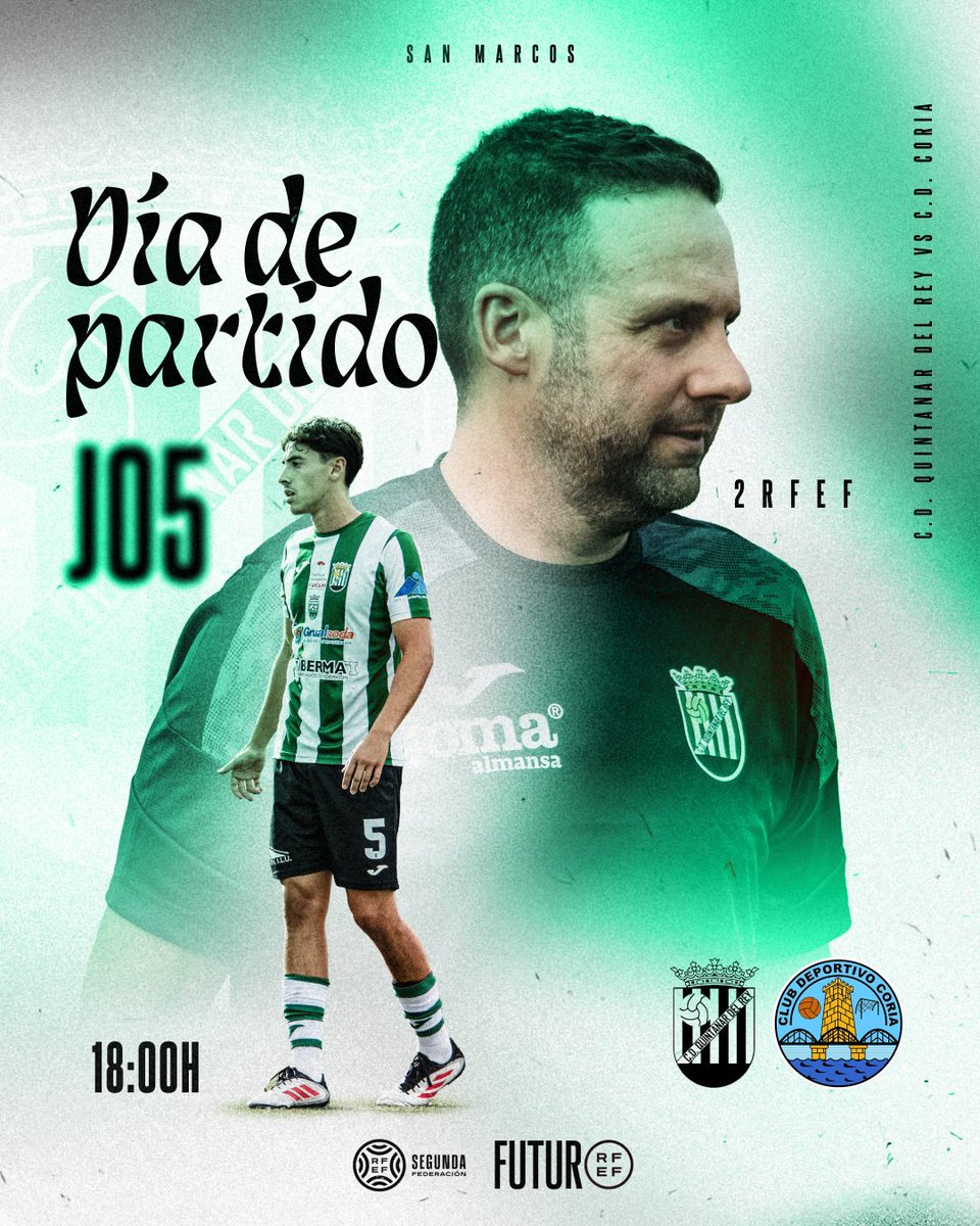 MATCH DAY ➡️ JORNADA 05 📢⚽️
TEMPORADA 25/26 | #2RFEF

🕛 18:00h
🏟 San Marcos
🆚️ <a href="/CDCORIA/">Club Deportivo Coria</a> 
➡️ C.D. Coria

💚 ¡VAMOS QUINTANAR! 💚

#vamosquintanar #quintanardelrey #quintanarAle