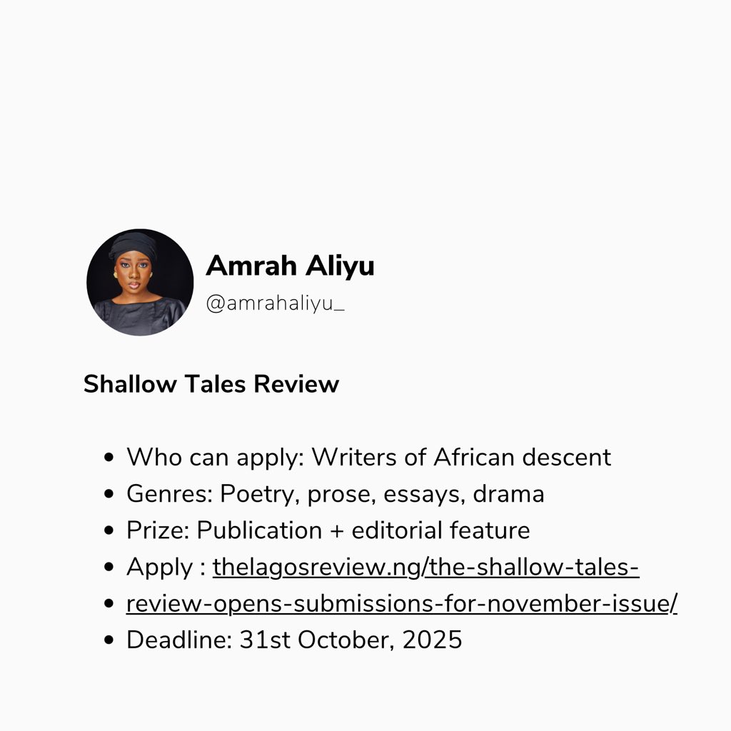 amrahaliyu_'s tweet image. You know that feeling when a story is itching to get out of your head? 

This October, your words could find a home, win some cash, or just flex your creative muscle … there’s a call for every kind of writer.

#AfricanWriters #WritersOpportunities #CreativeWriting #Opportunities
