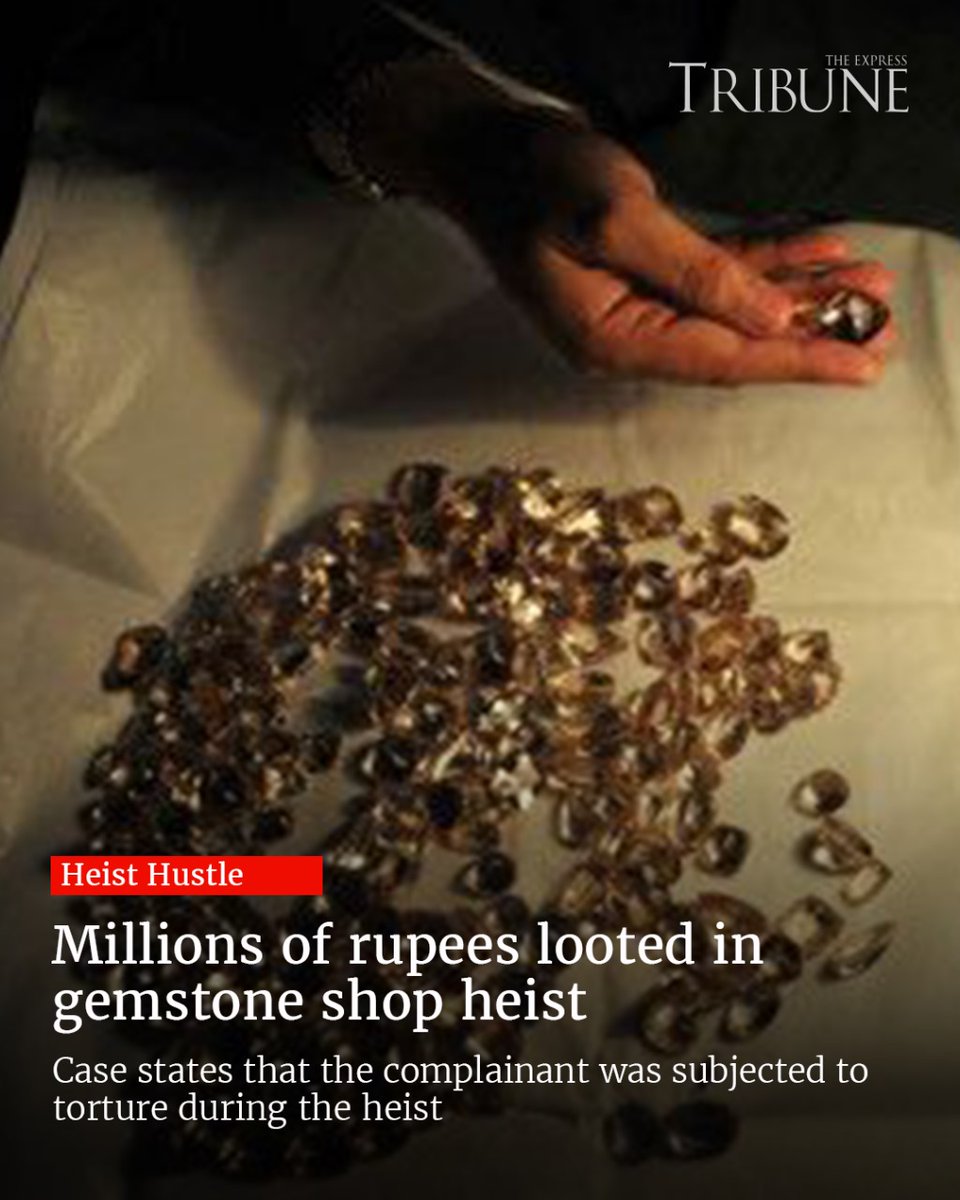Armed robbers reportedly stormed into a silver and gemstone shop in the Golimar Market area of Gulbahar, looting goods worth millions of rupees.
A case regarding the incident has been registered on the complaint of the shopkeeper.

For more: tribune.com.pk/story/2570634/1
#etribune
