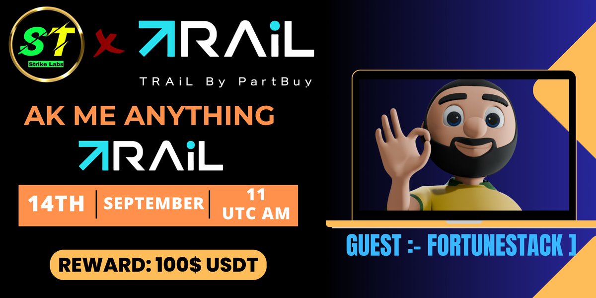 StrikeLabsNewsX's tweet image. ⚔️ #TEXT AMA Series With PartBuy

🎁Prize : 100$ USDT

📆Date &amp;amp; Time : 
14th Sep, 2025 at 11:00 AM UTC

🏨 Venue : t.me/StrikeLabsNews

Rules:
1️⃣. Follow
@CryptoDefiNewsX
&amp;amp;
 @trailbypartbuy X @fortunestack1

2️⃣. Like Retweet &amp;amp; Comment Your Questions