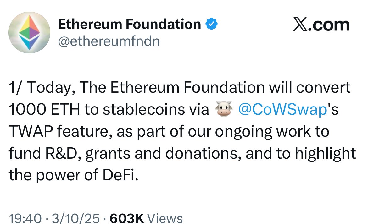 以太坊基金会在推特上宣布通过 CoW Swap TWAP 将 1000 ETH 转换为稳定币的截图