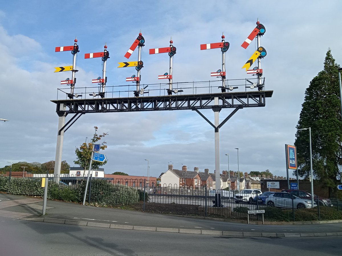 The restored signal gantry at Newton Abbot, now sitting close to the station.