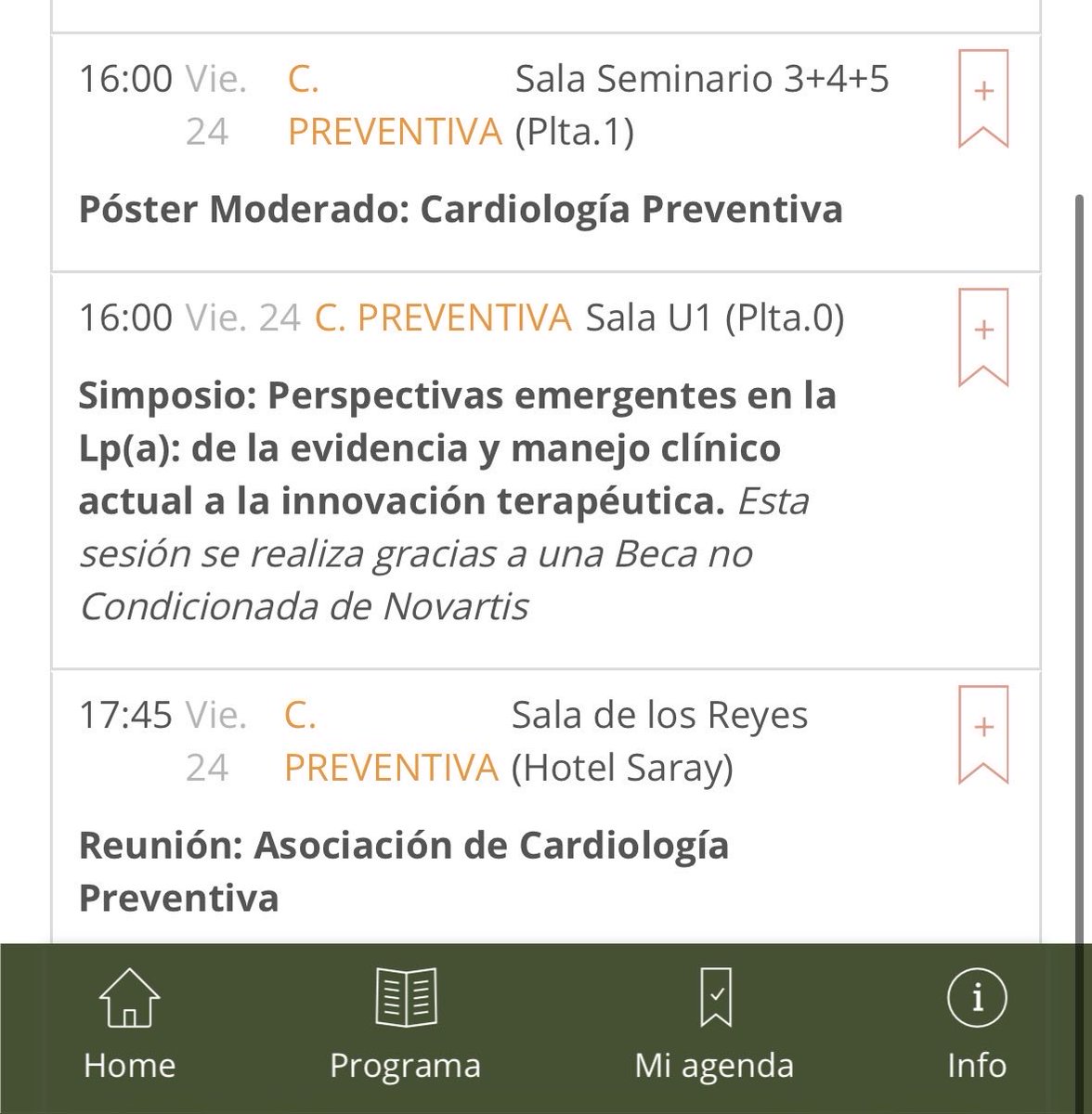 🗓️Viernes 24 (2/2) 

🔹 13:15 Simposio satélite:Ácido bempedoico en la vida real
🔹 14:45 Debate a 3 asaltos: Ergoespiro
🔹 16:00 Manejo riesgo CV en 🫀renal y CI sin lesiones epicardicas
🔹16:00 Póster moderado
🔹16:00 Simposio: Lp(a)
🔹 17:45 Reunión administrativa
