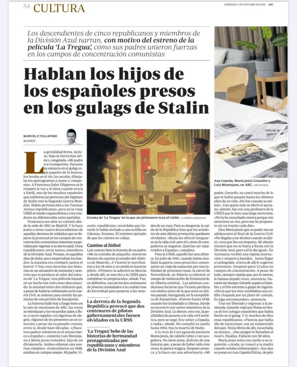 AnaCepeda_'s tweet photo. El próximo viernes 10 de octubre estrenan «La Tregua»,  película que narra la convivencia de los españoles republicanos y divisionarios en el GULAG.
Aquí la entrevista que nos hicieron a los familiares.
También os dejo el trailer, por si os animáis.
https://t.co/xzhzmO2Ym2 https://t.co/CYQAi4FOnR