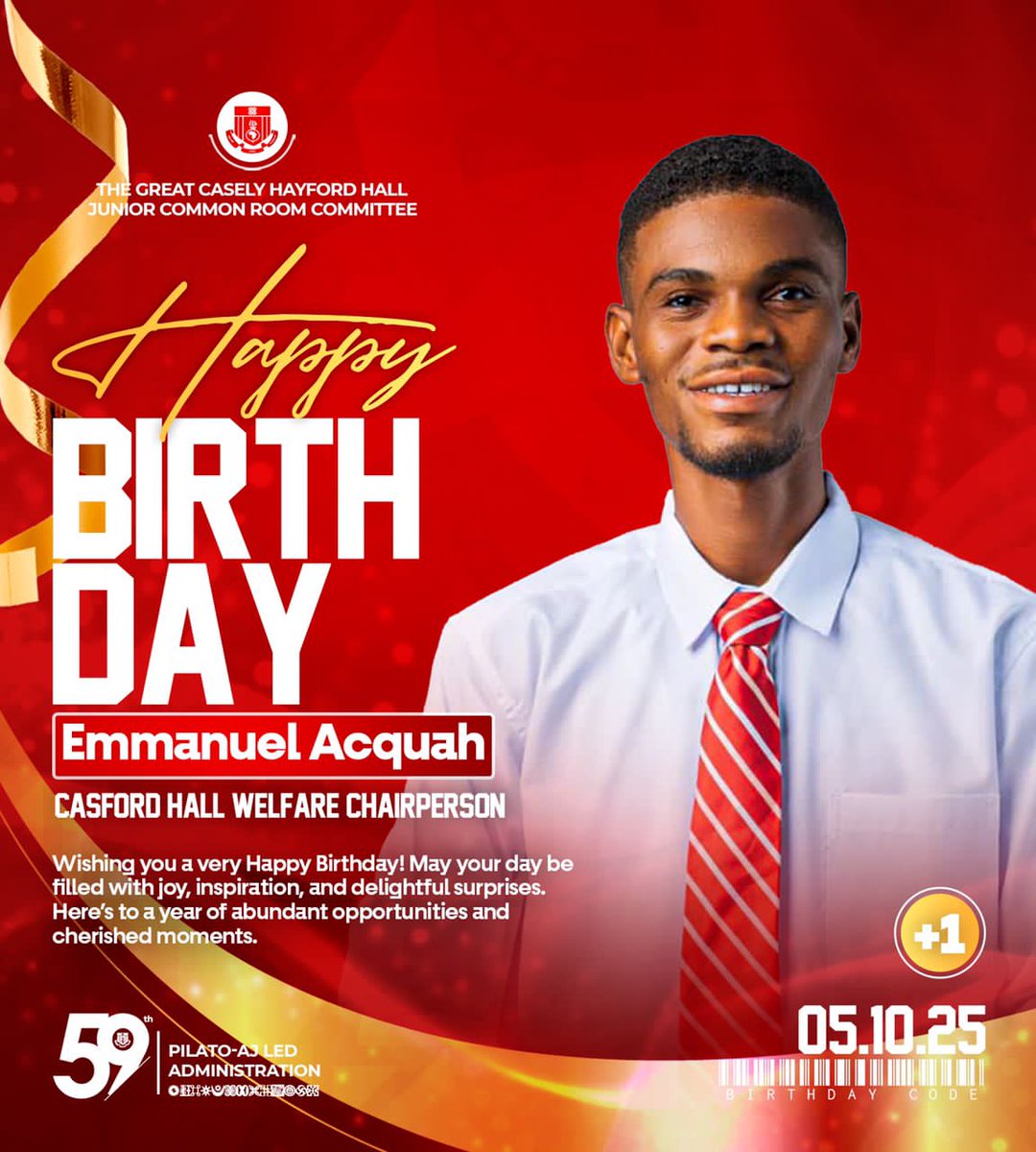 Happy Birthday to Hon. Emmanuel Acquah, our dedicated JCRC Welfare Chairperson! 🎉
We celebrate your service, leadership &amp; impact. Wishing you joy, health &amp; success always.

🚩 #YouFirst #LeadingWithIntegrity #NyameNeHene
#59PilatoAJledadministration