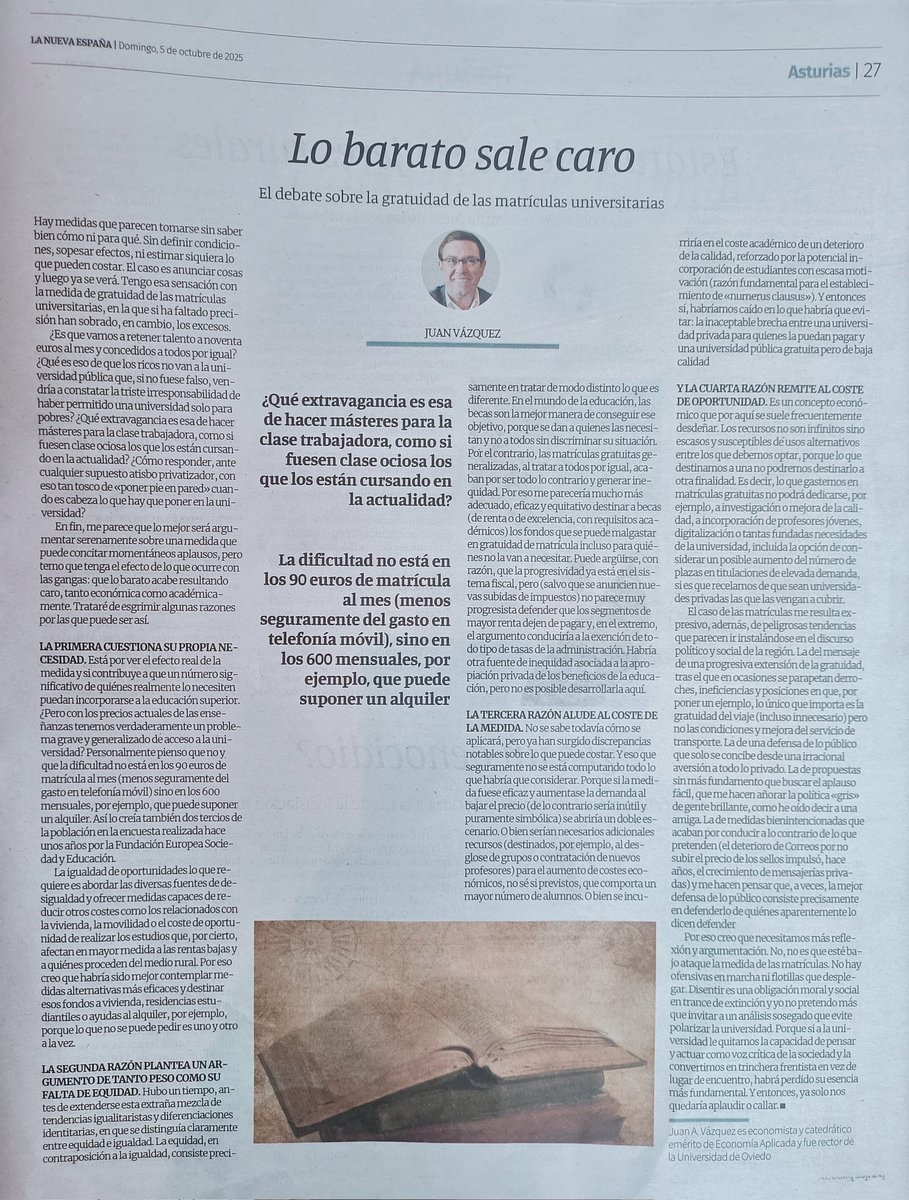 Hay medidas que parecen tomarse sin saber bien cómo ni para qué.
"Lo barato sale caro".
#Universidad  #Asturias 
Gratuidad de matrículas universitarias.
