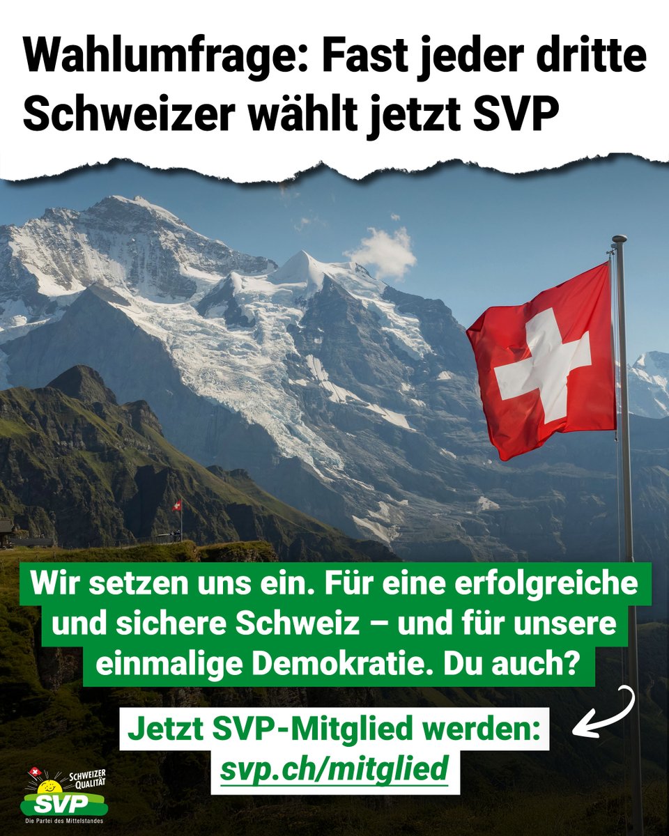 Jetzt SVP-Mitglied werden 🤗
Wir setzen uns ein. Für eine erfolgreiche und sichere Schweiz – und für unsere einmalige Demokratie. Du auch?

👉🏻 svp.ch/mitglied