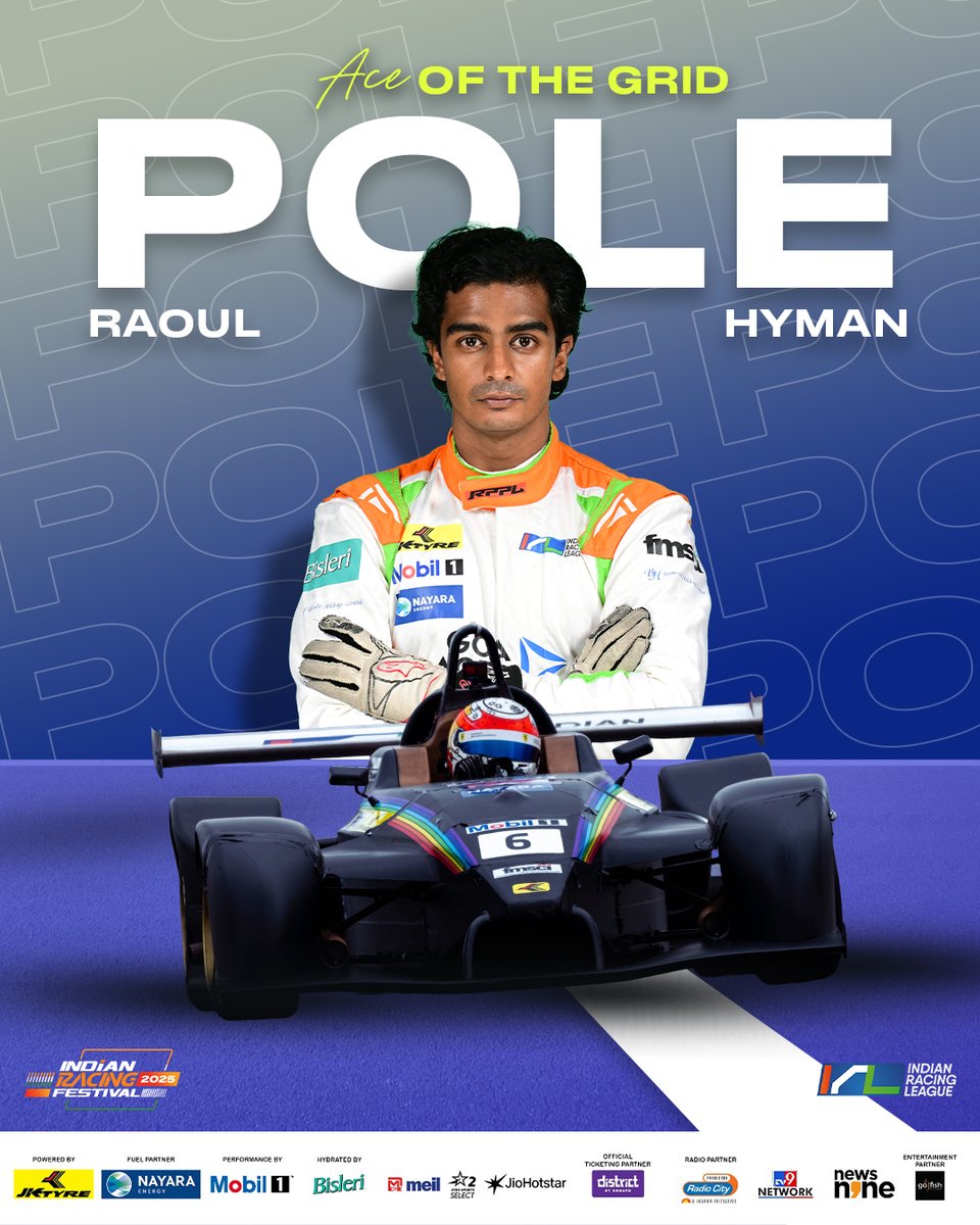 Irlofficial1's tweet photo. π Raoul Hyman turns up the heat and grabs pole with a flying lap! β‘
Smooth, sharp and in total control, heβs ready to lead the charge in Race 2! π₯
#PoweredbyJKtyres #FuelledByNayara #PerformanceByMobil1 #Indianracingleague #Season4 #IRF2025 #IndianRacingFestival https://t.co/ChJs771wRn