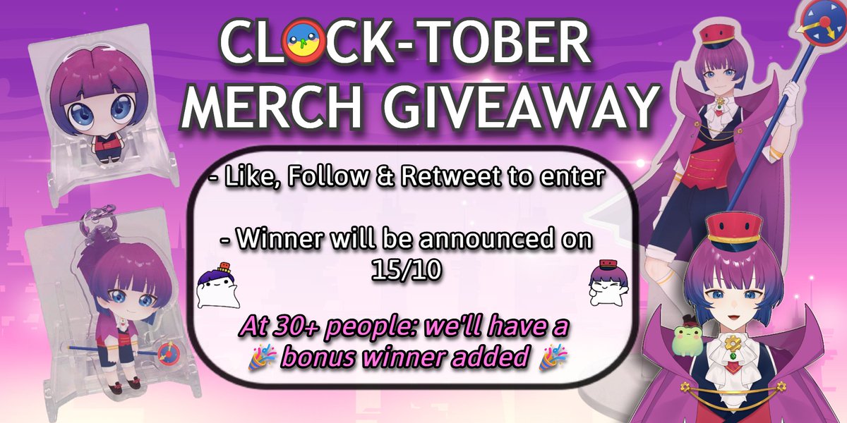Clock-Tober Merch Giveaway~! ⏰🎉
All you need to do is like, follow &amp; retweet,
and if we get 30 people: then I'll draw a second winner 😉