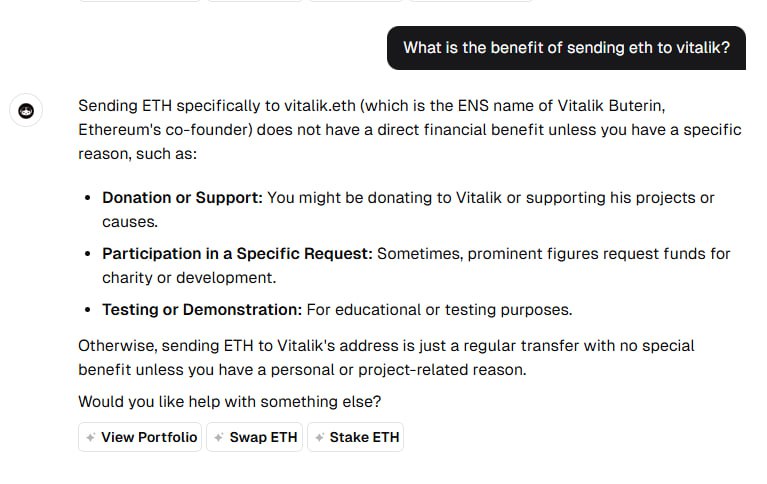 Sometime ago I saw some people sending ETH to vitalik through <a href="/HeyElsaAI/">HeyElsa</a> 

Today, I asked Elsa the benefits of sending ETH to Vitalik and everything was highlighted to me.

If you were wondering just like me, Elsa has giving answers to us.

Elsa clears your doubts with verifiable