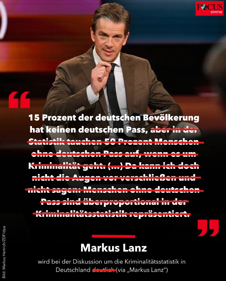 Warum verbreitet #Lanz falsche und unsinnige Zahlen zur #Kriminalstatistik, <a href="/ZDF/">ZDF</a>? Es gibt in der PKS keine "50% Tatverdächtige ohne deutschen Pass"! Es sind 42% und von denen haben laut BKA 31,2% keinen Wohnsitz in Deutschland, gehören also nicht zu dem "15%-Ausländerteil" in 🇩🇪.
