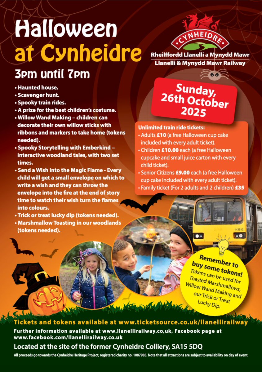Halloween is coming to Cynheidre on Sunday 26th October! Lots to see and do. See poster below. Tickets available at ticketsource.co.uk/llanellirailway #community #charity #halloween #carmarthenshire #volunteering #woodland #trainrides #spookytrain #communitycafe #supersprintercafe