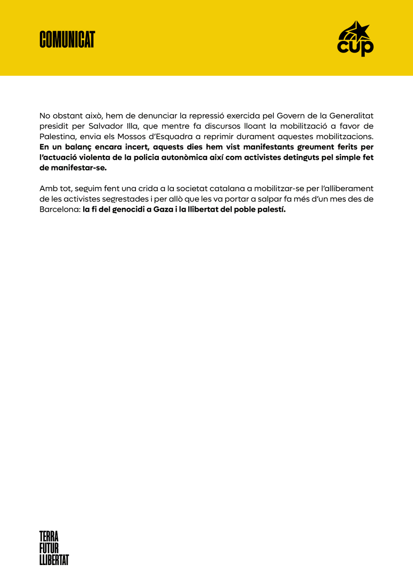 🟡 Comunicat d’actualització sobre la situació de les integrants de la Flotilla i de la resposta solidària del poble català amb el poble palestí