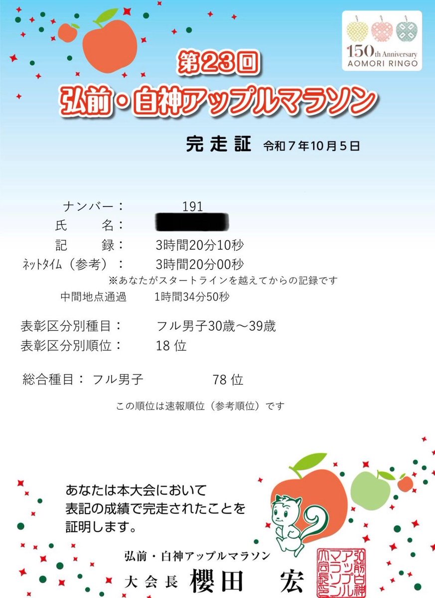 KRoyal26's tweet photo. 弘前・白神アップルマラソン🍎フル🏃
大撃沈😇
34kmくらいで攣って走って攣って歩いてを繰り返してしまった🙁あと500mで盛大に攣ってほぼ徒歩でゴール、、
普通に悔しい😭
帰りにらぁ麺　くろ田の濃厚鳥そば🍜
悔しさを吹き飛ばす美味しさでした😋
さ、飲むかぁ🍺 https://t.co/CwMqSPoLNC