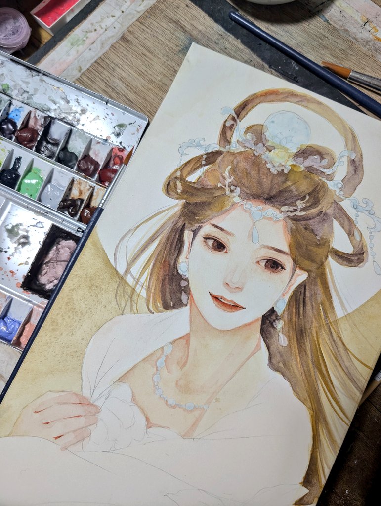 良い顔になりそう☺️
#美人画 #透明水彩