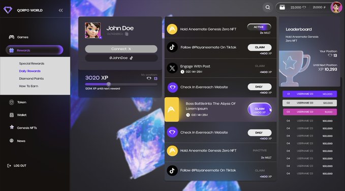 Gaming and social app UI desing, QORPO 