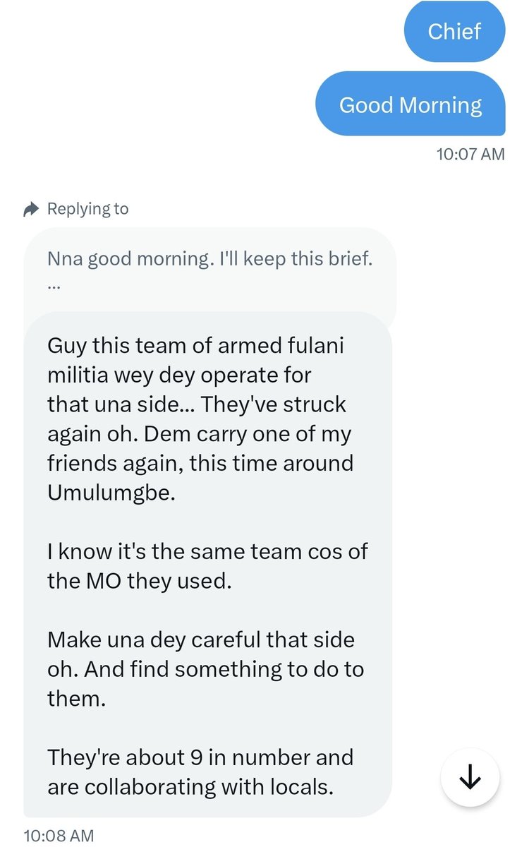 🚨Security Alert🚨

Just got this in my DM, I am sharing for awareness. I have also had a classmate who is a Priest kidnapped around that area. We must not let the terrorising of our people by these criminals continue.

Flush them out  Cc: <a href="/HyginusAgu12413/">Hyginus Agu</a> <a href="/PNMbah/">Peter Ndubuisi Mbah</a> <a href="/Enugu_PoliceNg/">Enugu State Police Command</a>