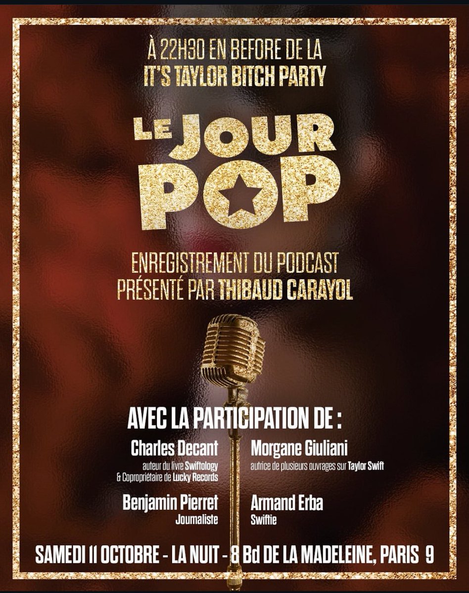 TSwiftFranceFan's tweet image. ✨CONCOURS✨

🎙️Gagne 2 places pour l'enregistrement du podcast de @lejourpop sur #TSTheLifeOfAShowGirl le 11/10 à Paris (accès à la soirée inclus)!

Pour participer :
1️⃣ RT
2️⃣ Follow @TSwiftFranceFan &amp;amp; @lejourpop
3️⃣ Commente avec ton titre préféré de l'album

📅 TAS le 9/10.