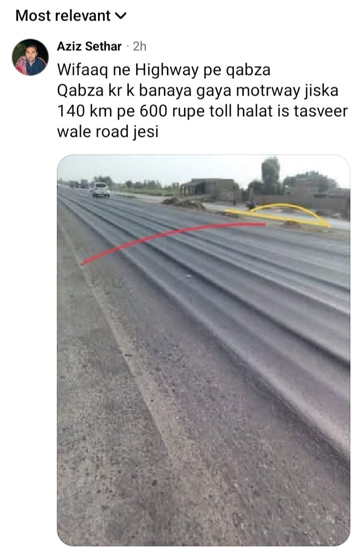 Copied. This picture shows the deplorable condition of the Karachi-Hyderabad Super Highway, where a car toll tax of approximately Rs 600 is charged. 
<a href="/GovtofPakistan/">Government of Pakistan</a> <a href="/PakPMO/">Prime Minister's Office</a> <a href="/nha_pakistan1/">National Highway Authority Pakistan</a> <a href="/Shahidmasooddr/">Dr Shahid Masood</a> <a href="/AyazLatifPalijo/">Ayaz Latif Palijo</a> <a href="/akhtarb1/">Akhtar Banbhan</a> <a href="/myasinrind/">Yaseen Rind</a> <a href="/HamidMirPAK/">Hamid Mir حامد میر</a> <a href="/MaryamNSharif/">Maryam Nawaz Sharif</a>