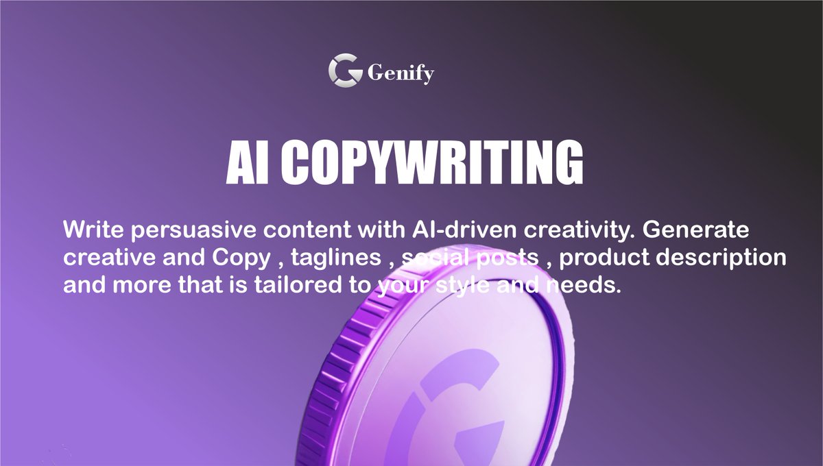 modaai_x's tweet photo. βοΈ Tired of Writerβs Block?
Meet #Genify AI Copywriting β your creative partner for writing persuasive, high-converting content in seconds! π₯π
From taglines to social posts to product descriptions β it tailors every word to your unique voice.
π Start creating smarter today. Because good writing shouldnβt take hours anymore!
Goπ https://t.co/6Mnhx1g38w.
#AICopywriting #AItools #MarketingTech #Productivity