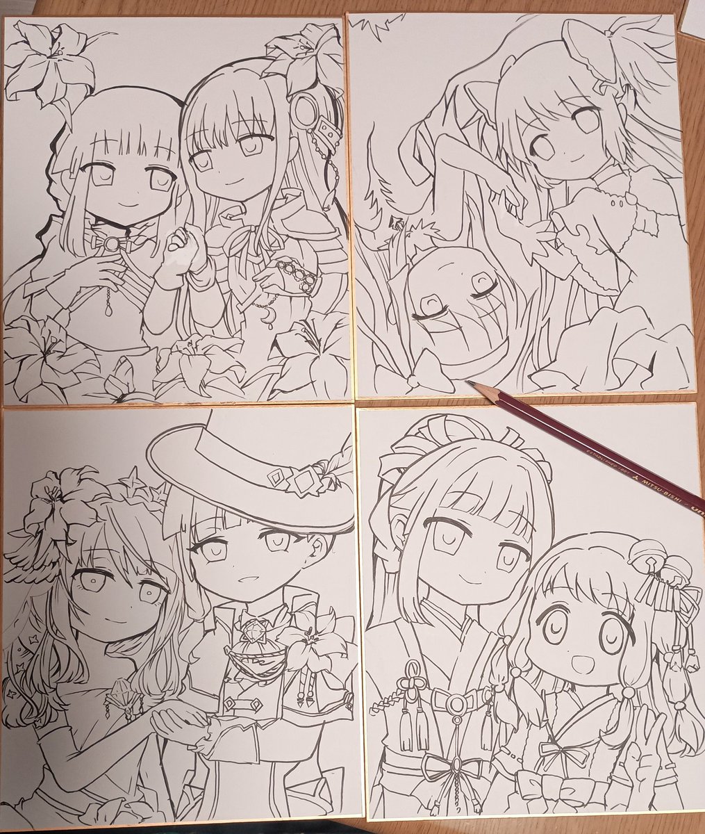 _panda_u_k's tweet image. プリレコ15にて頒布予定の中色紙(18cm✕  21cm)製作中です🐼
水彩絵の具と水彩色鉛筆で色着けしているので、ある程度まとめて塗りと線画をしてます🐰
原画の為修正液も使ってます🐨
可愛く淡い世界観で頑張って塗って参ります🍀