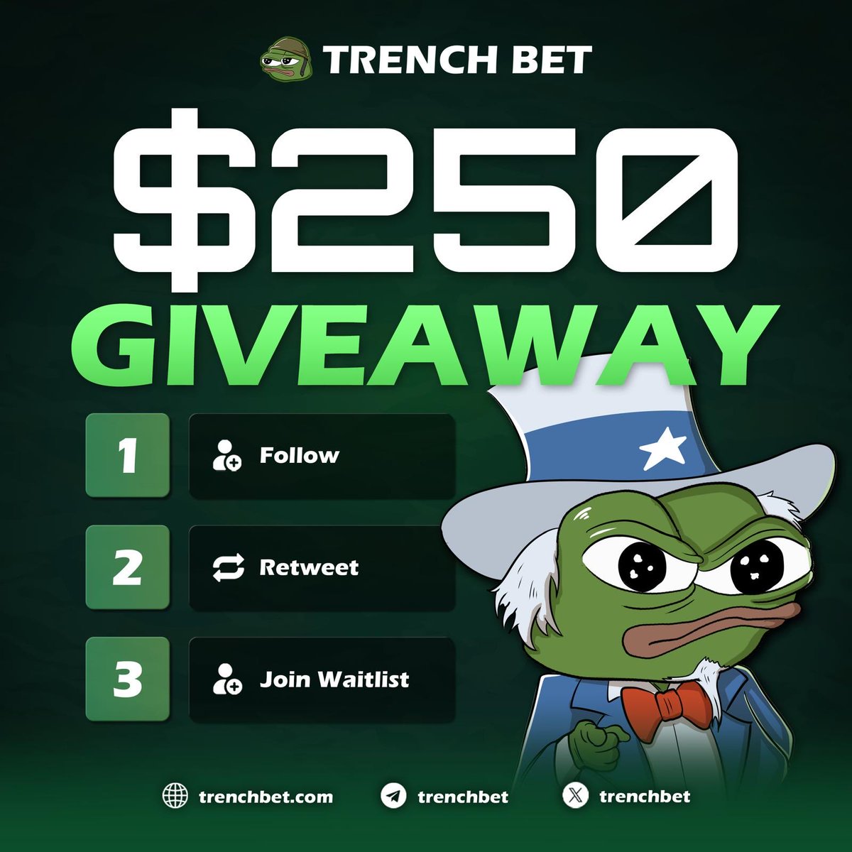 Yo quick Giveaway 🚀 

To enter: 
1. Repost 
2. Follow <a href="/trenchbet/">TRENCH BET</a>
3. Sign up trenchbet.com/r/cryptoconor