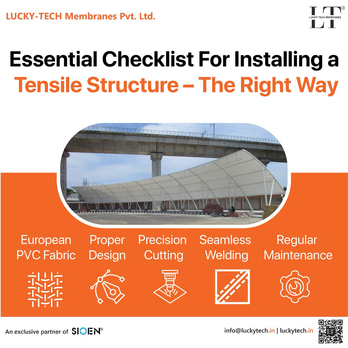 LUCKYTECH_LT's tweet image. Essential Checklist for Installing a Tensile Structure – The Right Way
1️⃣ European PVC Fabric
2️⃣ Proper Design
3️⃣ Precision Cutting
4️⃣ Seamless Welding
5️⃣ Regular Maintenance

📞 Contact us:
📧 info@luckytech.in
📝 zfrmz.com/zttMwR98Sqp92x…

#LuckyTechMembranes #TensileStructure