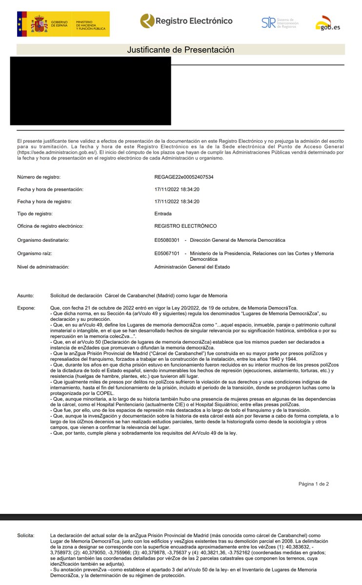 El procedimiento para la declaración de Lugar de Memoria a la "cárcel de Carabanchel" es un cúmulo de ineficacia de <a href="/SE_MemoDemo/">Secretaría de Estado de Memoria Democrática</a> (<a href="/territorialgob/">Ministerio P. Territorial y M. Democrática</a>).

De entrada, dejaron "caducar" sin tramitar nuestra petición del 17 de noviembre de 2022 -sí, ya hace casi tres años-: