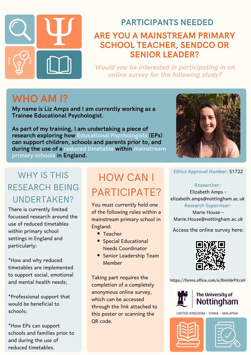 I’m seeking participants for an anonymous online survey as part of my doctorate research. Are you a Primary School SENDCo, Class Teacher or Senior Leader (including Headteacher) in England? Please consider participating ✨#EducationalPsychology #edutwitter #SEND #TwitterEPs