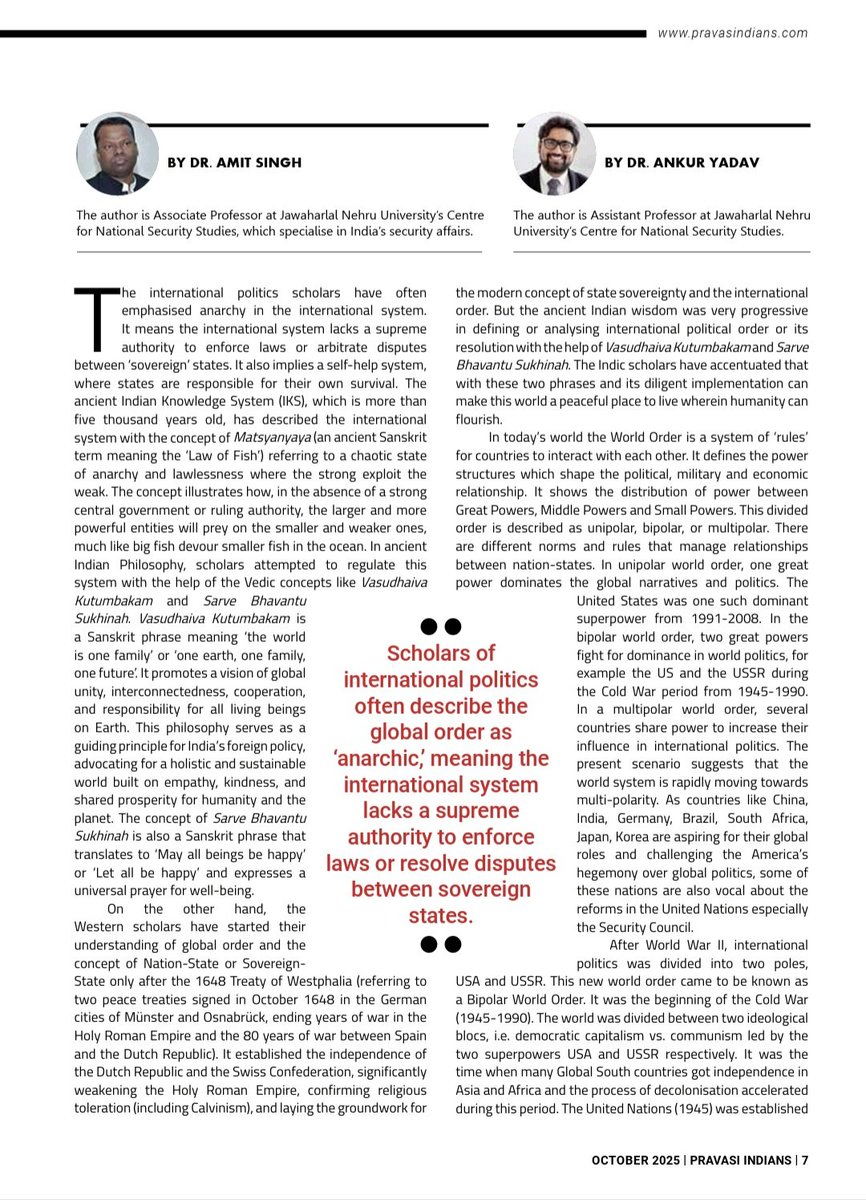 amitsinghjnu's tweet image. #vasudhaivakutumbakam &amp;amp; #SarveBhavantuSukhinah can define the #GlobalOrder&quot;. Please read the cover story article of October 2025 edition of Pravasi Indians. @narendramodi @PMOIndia @DrSJaishankar @MEAIndia @SSIFS_MEA @ivskdelhi @SunilAmbekarM @sunilbansalbjp @kumarnandaj