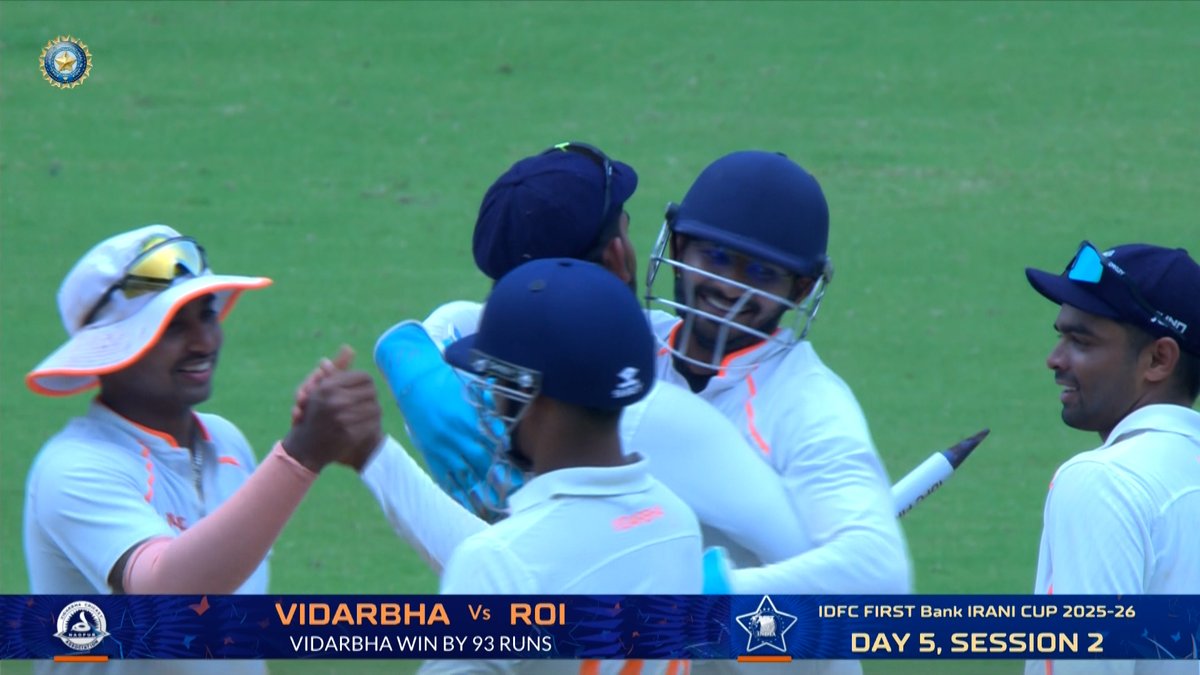 BCCIdomestic's tweet image. 𝐕𝐢𝐝𝐚𝐫𝐛𝐡𝐚 𝐚𝐫𝐞 𝐭𝐡𝐞 𝐈𝐫𝐚𝐧𝐢 𝐂𝐮𝐩 𝐰𝐢𝐧𝐧𝐞𝐫𝐬! 🙌

Harsh Dubey takes the final important wicket as Vidarbha win by 93 runs 💪

A superb all round performance 👏

@IDFCFIRSTBank | #IraniCup