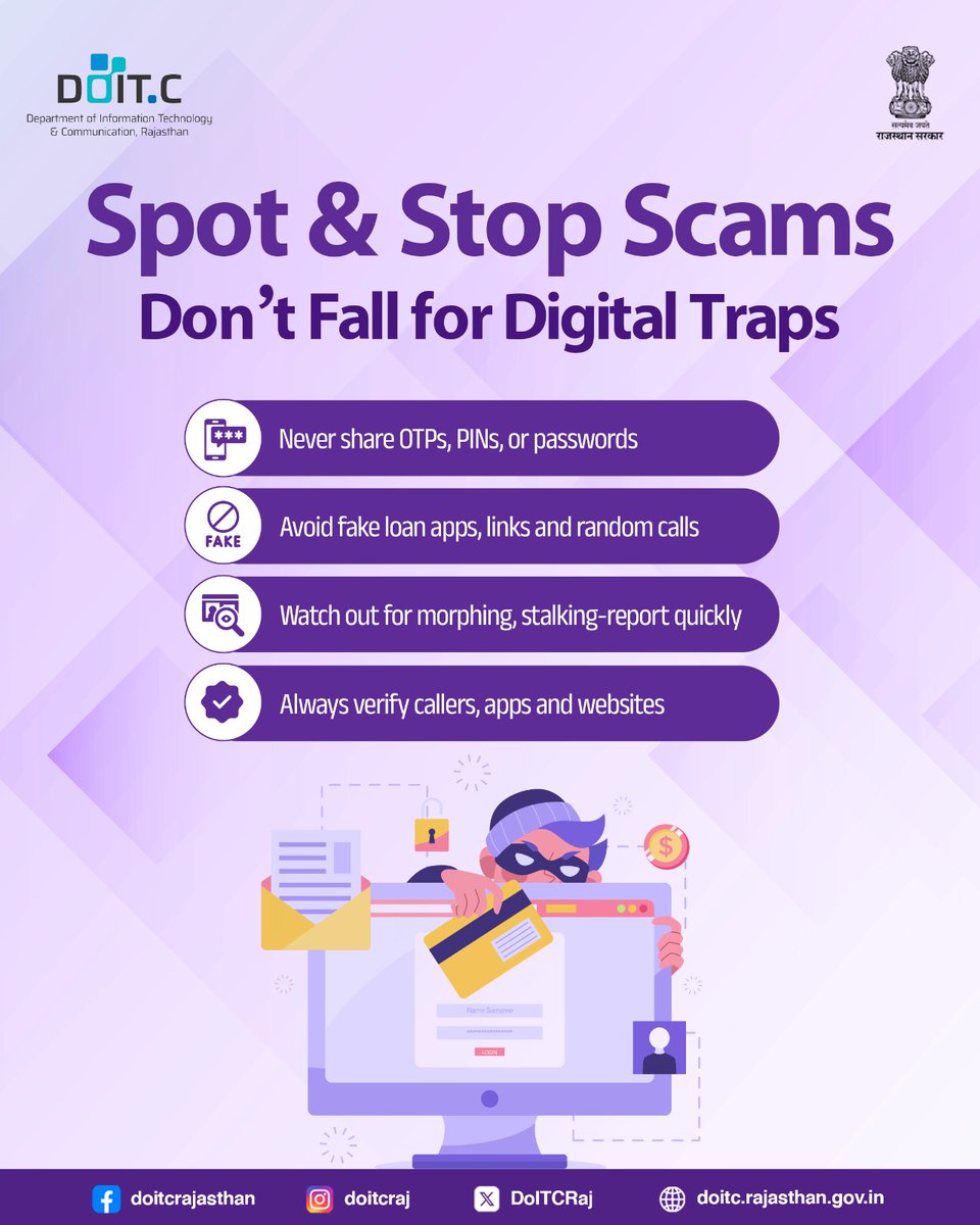 DoITCRaj's tweet image. Online threats are everywhere.
With CERT-In, learn to secure your phone, stop scams, use strong passwords and report cybercrime at cybercrime.gov.in or 1930.
Stay alert. Stay safe. Stay cyber smart.
#DOITC #CYBER_SMART_RAJASTHAN