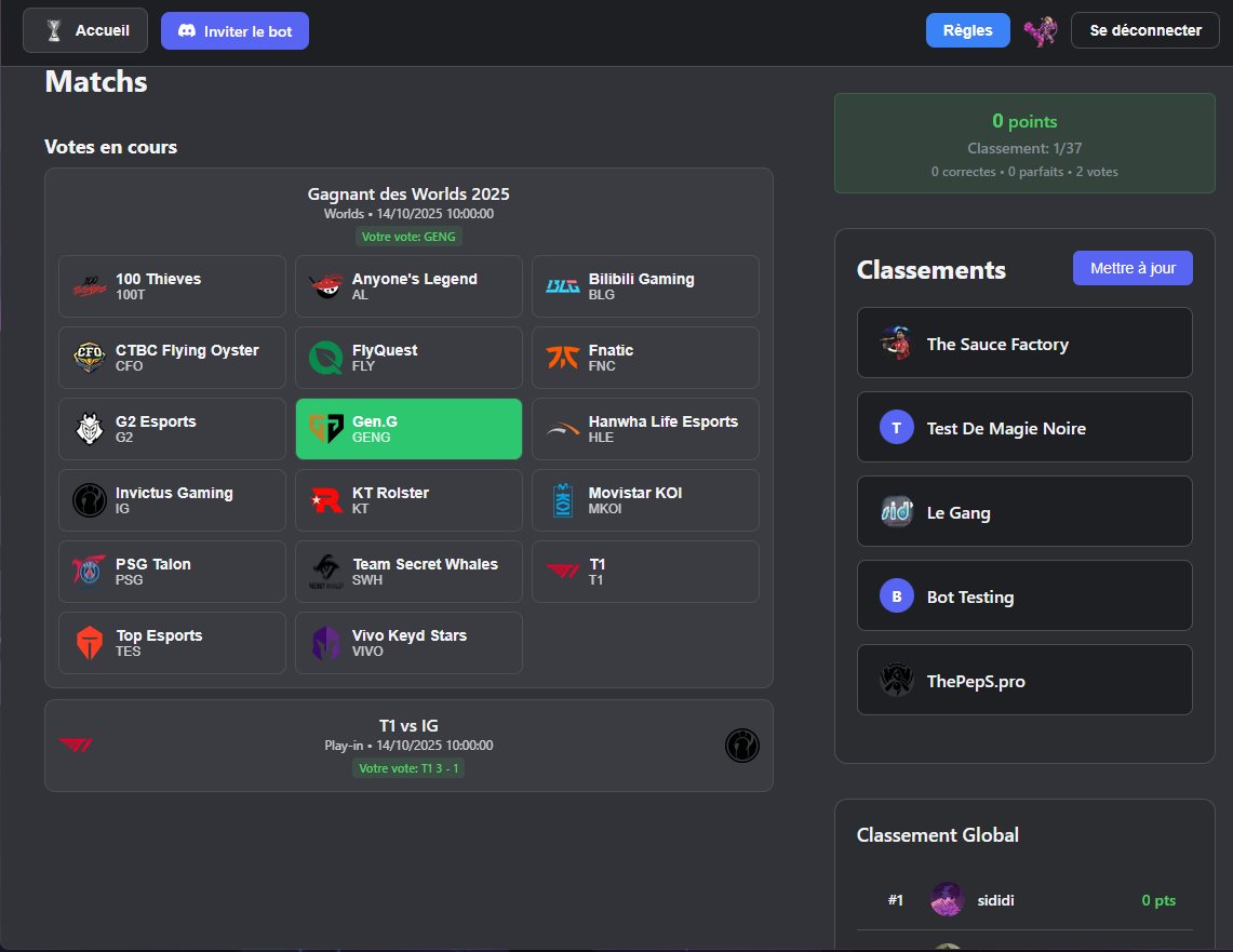Les Worlds démarrent dans une dizaine de jours.

J’ai fait un bot Discord et un site qui permettent à tout le monde de pronostiquer les scores de tous les matchs.

Il y aura un skin mystère offert à la personne qui aura le plus de points à la fin. Avec un classement dédié par…