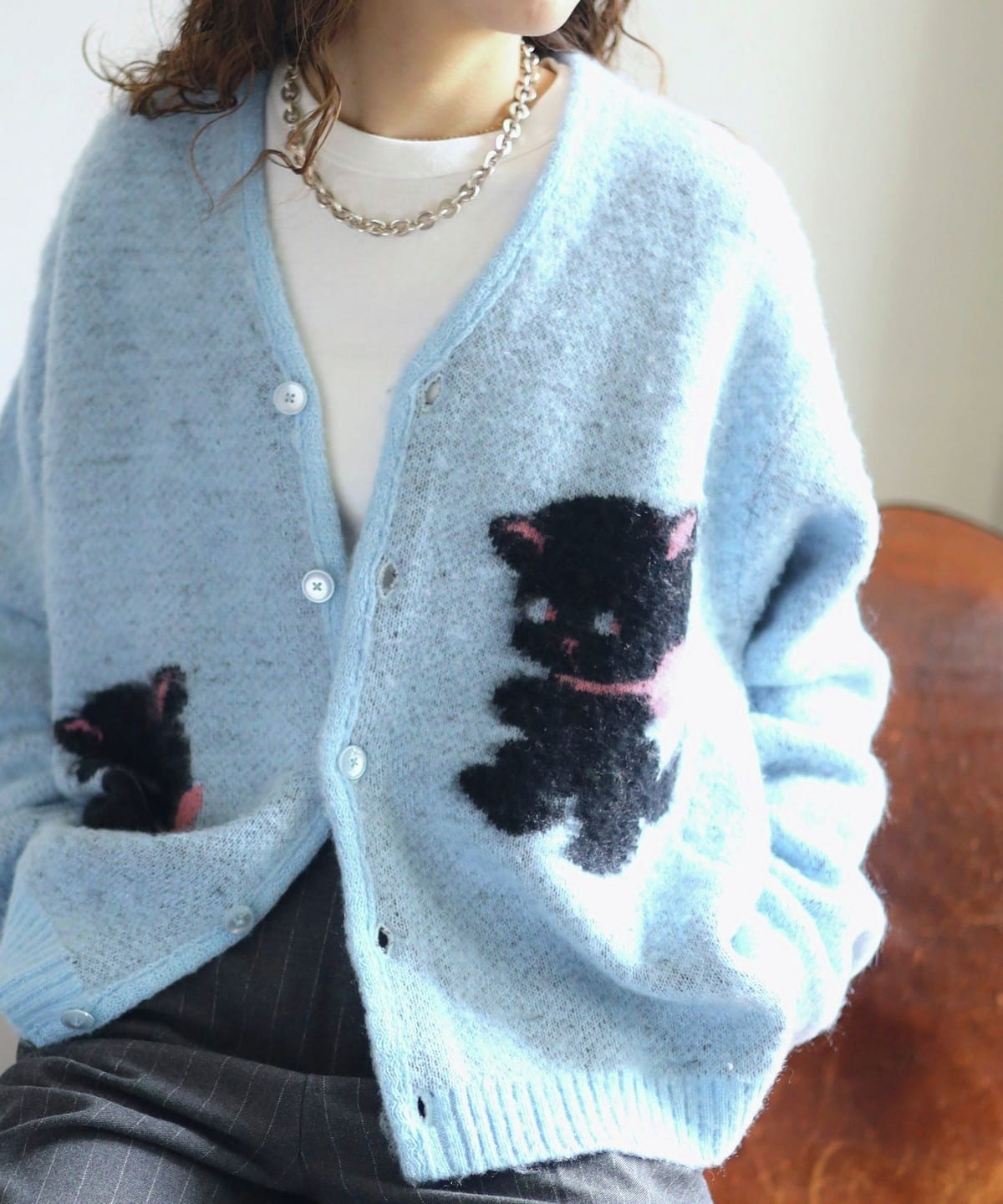 【美品】beams購入品 NOMA ヒョウ柄 モヘアカーディガン 青 美品】beams購入品 NOMA ヒョウ柄 モヘアカーディガン 青