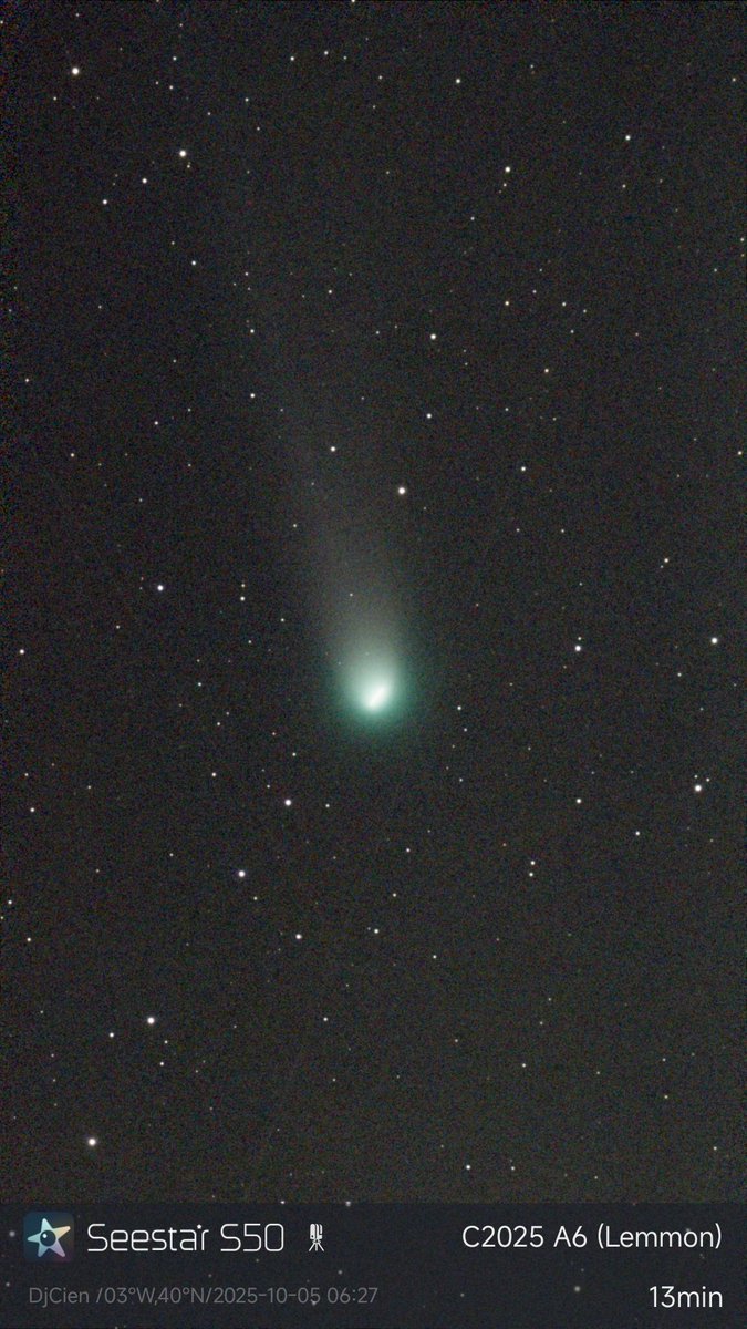pacoragageles's tweet photo. Así se veía anoche el cometa Lemon (C/2023 A3) desde Las Rozas 🌠 con un #SeestarS50
Magnitud en torno a 7, visible ya con prismáticos en cielos oscuros. Cada día más brillante rumbo a su máximo en octubre.
#CometaLemon #Astrofotografía https://t.co/EsVDY6JKX9