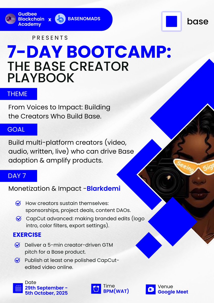 GBA_learn's tweet image. Day 7 — The Grand Finale!

Thank @julietamobi for the powerful sessions last night. The last day of the 7 Day Bootcamp: The @base Creator Playbook is here, and today’s session will be nothing short of transformative.

We will be having @BlarkDemi_01 lead us on Monetization and…