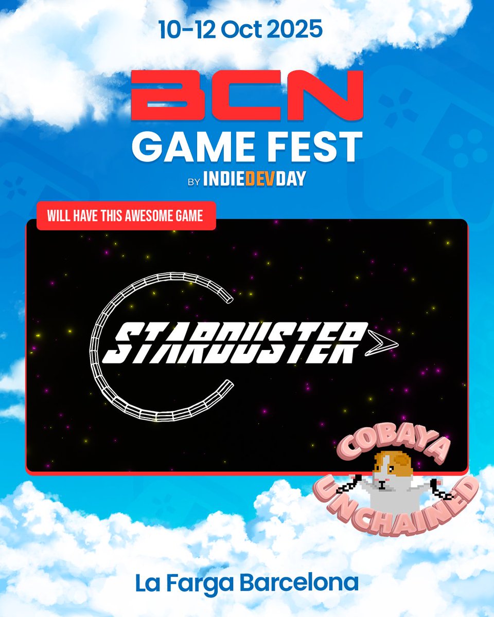 Por tercer  año consecutivo, estaremos en <a href="/bcngamefest/">BCN Game Fest</a> (antes <a href="/IndieDevDay/">IndieDevDay</a> ), con muchísimas ganas de enseñaros las novedades de STARDUSTER antes de su lanzamiento!

¡Nos vemos allí! 🐹⛓️