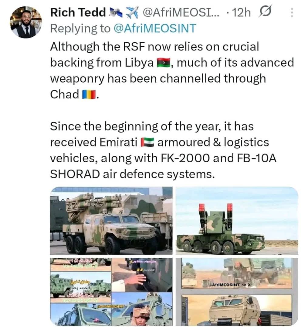 تقارير اعلامية غربية كشفت اليوم (السبت) عن تطور خطير في  إمدادات الأسلحة الإماراتية لمليشيا الدعم السريع إلى أسلحة استراتيجية متقدمة ومنظومات دفاع جوي تنقلها طائرات عملاقة، في انتهاك صارخ لقرارات مجلس الأمن الدولي بحظر الأسلحة في دارفور. ومع ذلك يتم تصوير السودان بأنه رافض لوضع ح