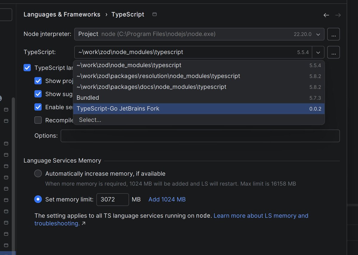 Vlad_Minaev's tweet image. The latest @WebStormIDE EAP lets you use Go-based #TypeScript as a language server - even without `[at]typescript/native-preview` in your project’s dependencies. It  also plugs into WebStorm’s new type engine as the type inference source (mind, it’s experimental). ⚡️

Navigate to…