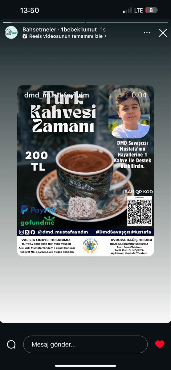 Bir Kahve ile Mustafa Bir Ömür Umut olmak ister misin ? 

Her bağış Bir Nefes Her Görülme de Her beğeni De ıntagram Sayfamızı Takipe Alırmısınız ? dmd_mustafayndm 
Her takip bu Mücadelede Işık 🫶🫶🇹🇷🇹🇷🎈🎈💙💙

#keşfet #dmd #umutol #Istanbul #izmir #Ankara #Keşfetteyiz