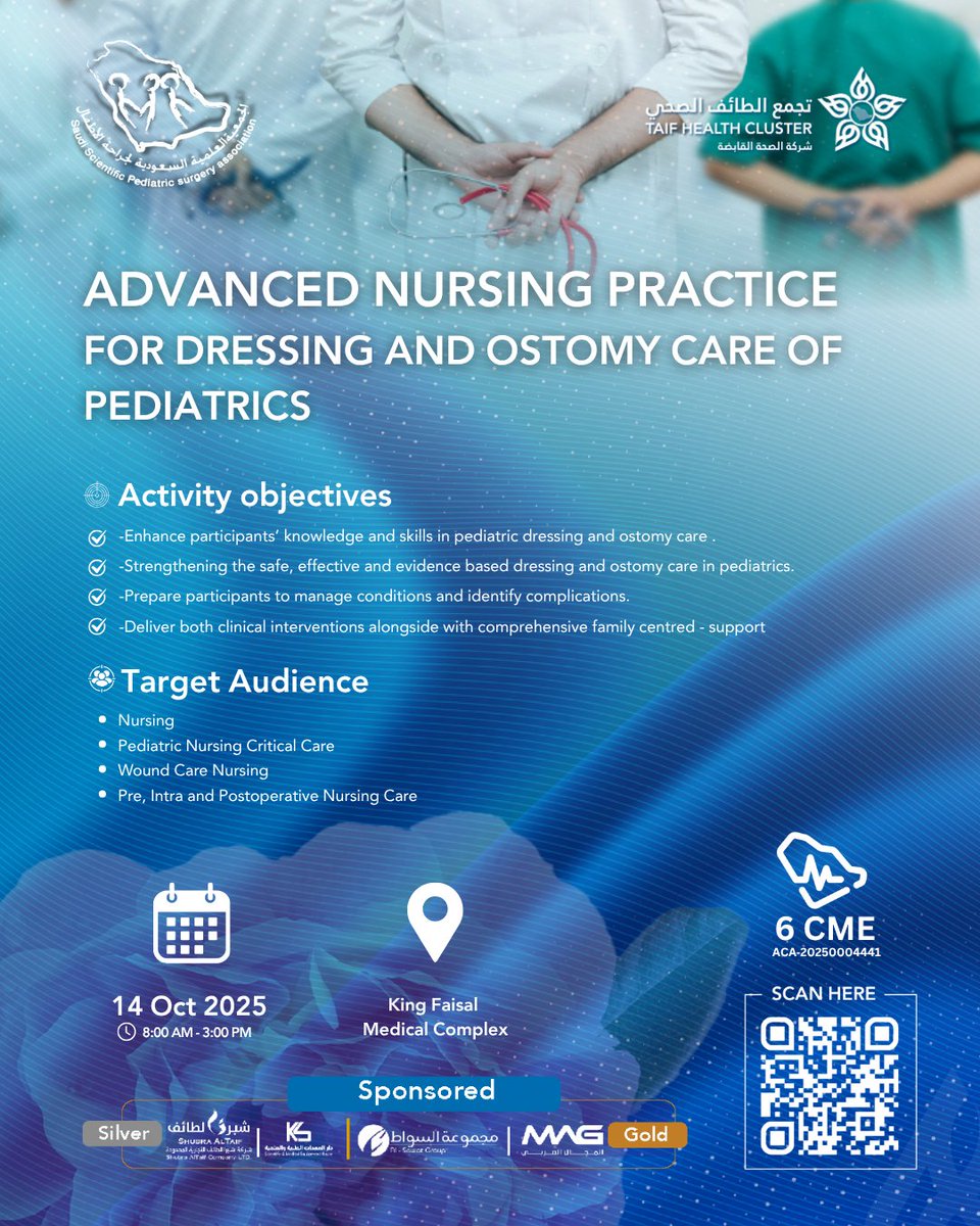7th_Saudi_PSC's tweet image. 💉 الممارسات التمريضية المتقدمة في تغيير الضمادات والعناية بفتحات الأطفال الجراحية
📅 التاريخ: 14 أكتوبر 2025
⏰ الوقت: 8:00 ص – 3:00 م
📍 الموقع: مجمع الملك فيصل الطبي – الطائف
✅ معتمدة بـ 6 ساعات CME

@TaifHCluster 
@afaqlms
🔗 سجّل الآن عبر الرابط:
 saudispsa.com