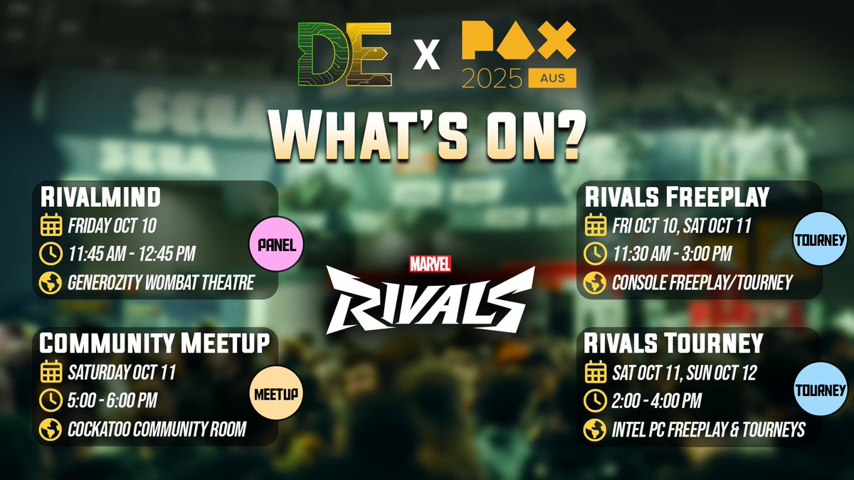 DisconnectedGG's tweet image. 🗓️ 5 more days until #PAXAus!

Take a look at all of our #MarvelRivals related events that we have planned for you over PAX weekend!

We're super (😉🦸) excited to see you all there. Stay tuned for more posts &amp;amp; info!