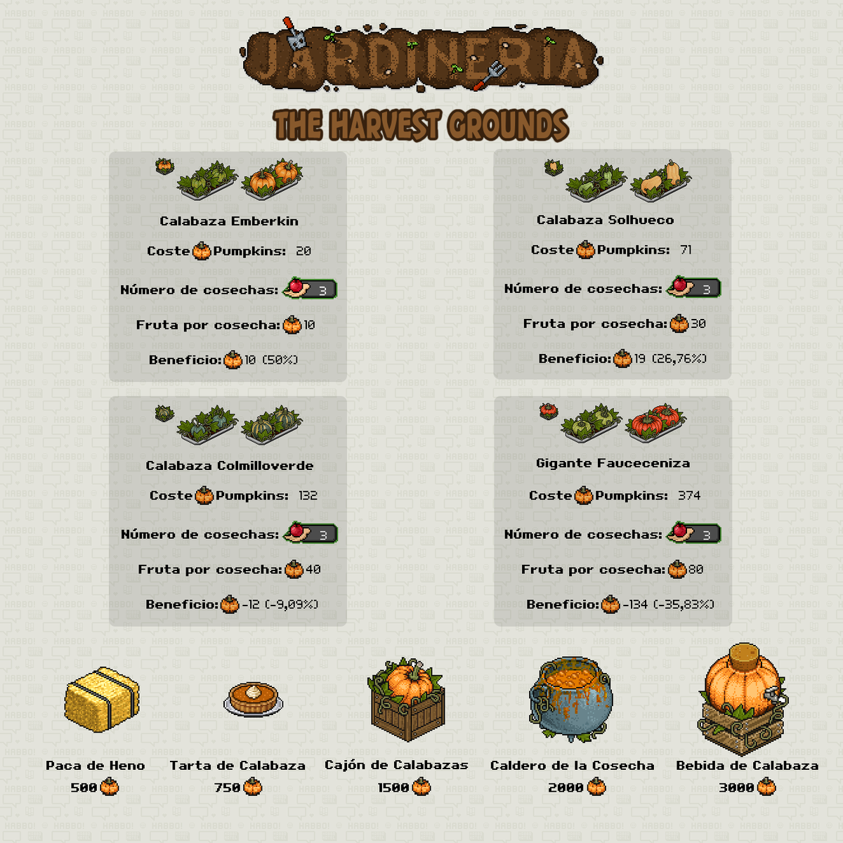 ¡La temporada de otoño ha llegado a Habbo Hotel Origins con The Harvest Grounds!

Te dejo una guía para saber que debes cosechar y lo que puedes conseguir sembrando calabazas.

#habbohotelorigins <a href="/HabboOrigins/">Habbo Hotel: Origins</a> <a href="/SulakeDominic/">Macklebee</a> <a href="/SulakeMorgana/">Morgana</a>