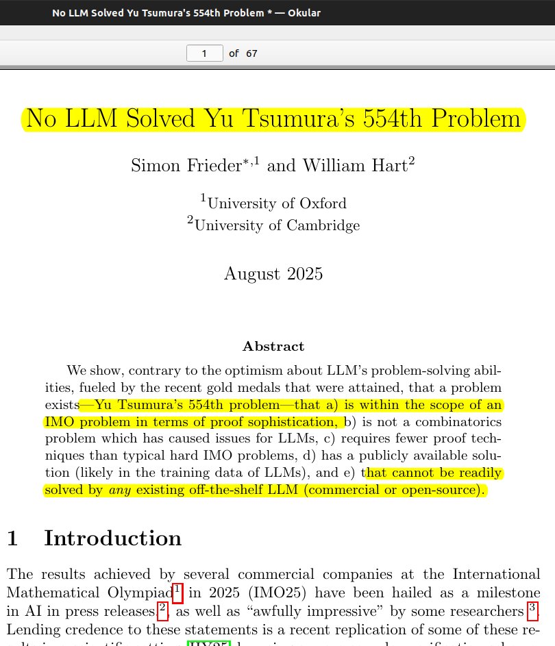 rohanpaul_ai's tweet image. 🫡 GPT-5-Pro just solved, the Math problem that no other LLM could solve. Took 14 minutes without any internet search.
An Oxford and Cambridge paper claimed that no LLM could solve ‘Yu Tsumura’s 554th Problem’.”
OpenAI's GPT‑5 Pro produced a full proof in about ~14 minutes.…