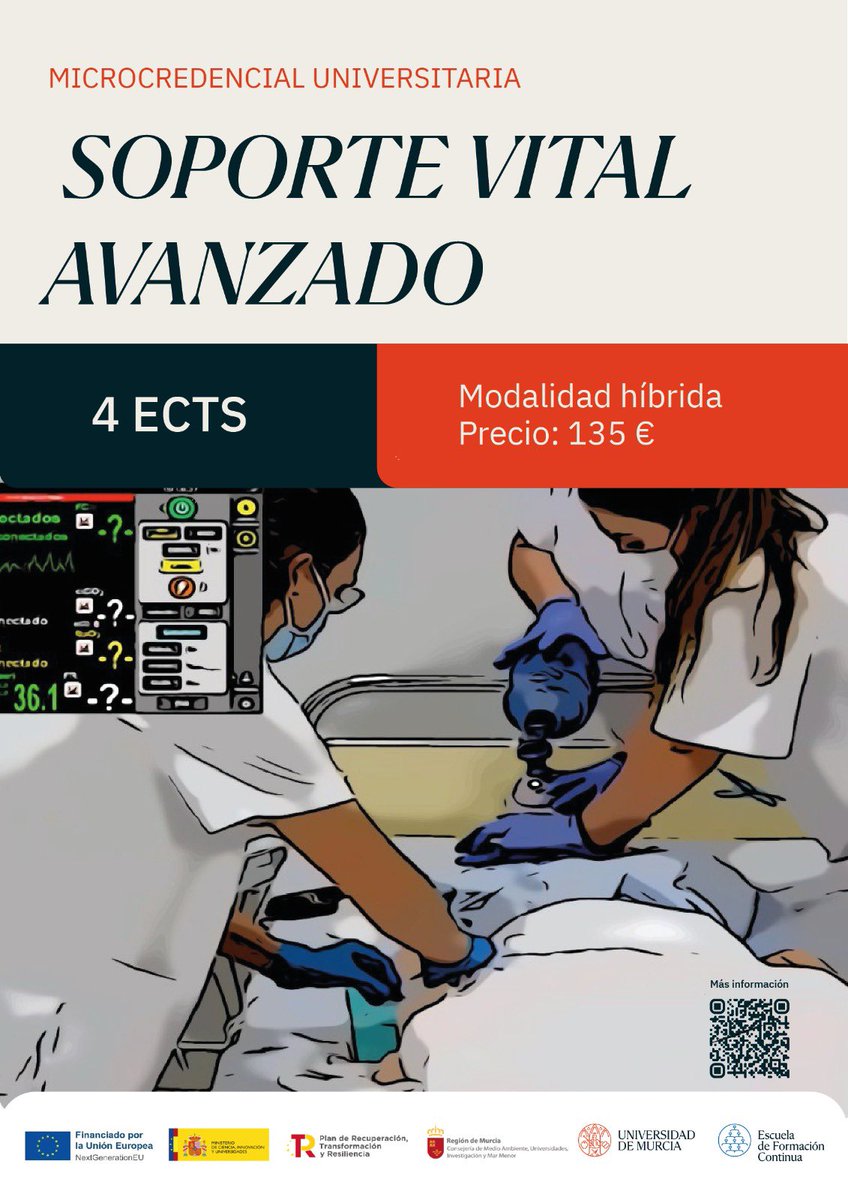 MICROCREDENCIAL UNIVERSITARIA EN SOPORTE VITAL AVANZADO 
4 ECTS -100 Horas

Modalidad Actividad Híbrida (Lugar de celebración, CAMPUS DE CIENCIAS DE LA SALUD).

Acreditado por la ERC

casiopea.um.es/cursospe/sopor…