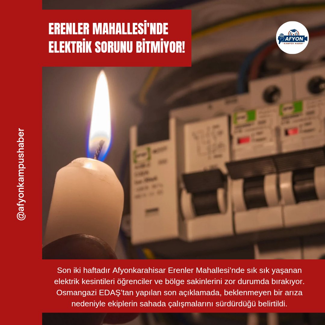 ⚡️ Erenler Mahallesi’nde Elektrik Sorunları Bitmiyor!

Osmangazi EDAŞ’tan yapılan son açıklamada, beklenmeyen bir arıza nedeniyle ekiplerin sahada çalışmalarını sürdürdüğü belirtildi.

#Erenler #Afyon #Afyonkarahisar