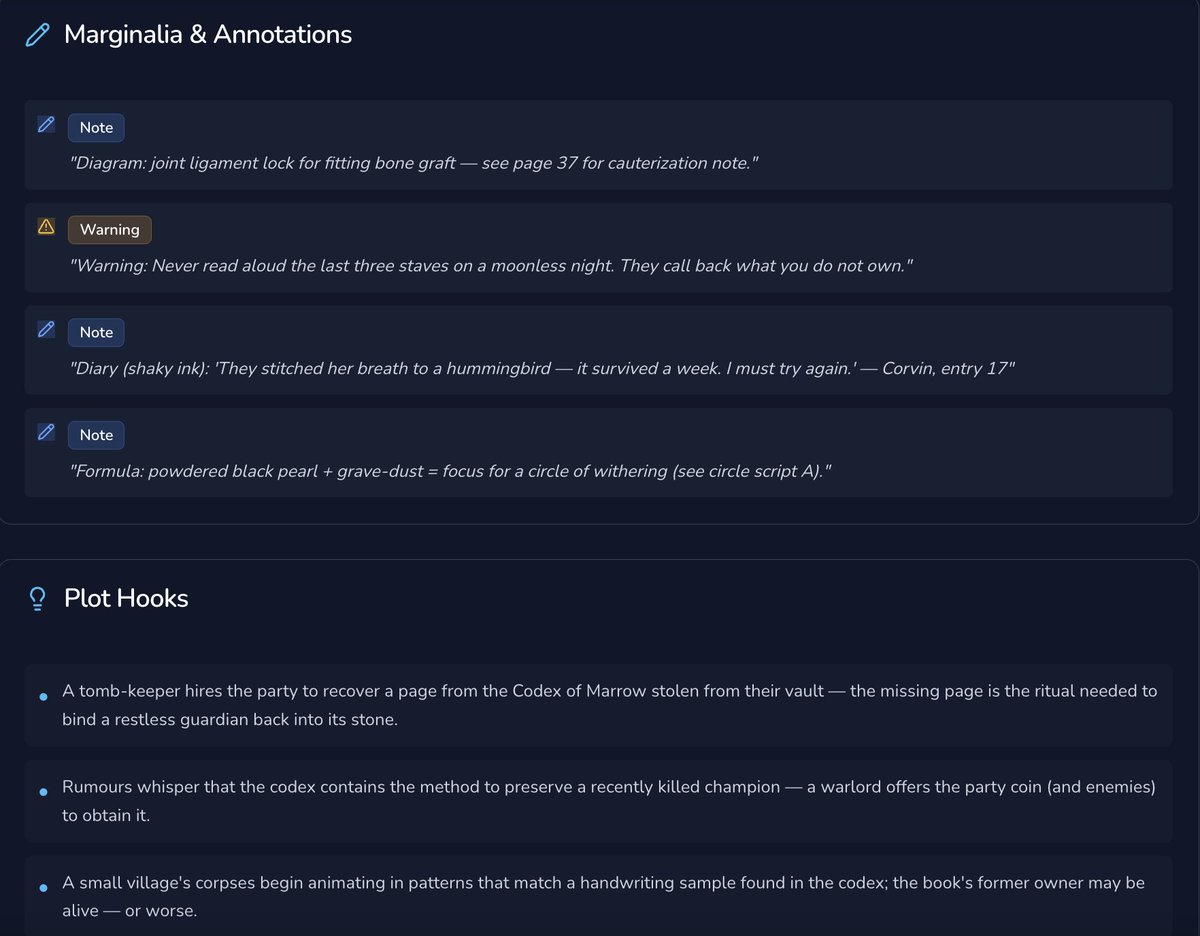 char_genAI's tweet image. Free Spellbook Generator

Choose your system (5E / PF), Level, and theme, and it gives you a full book with spells, notes, wards, and flavour text you can use straight in-game.

&quot;Did the Wizard drop a spellbook?&quot; 
&quot;Yes&quot;.

char-gen.com/spellbook-gene…

#DnD #TTRPG #DMTools #Fantasy