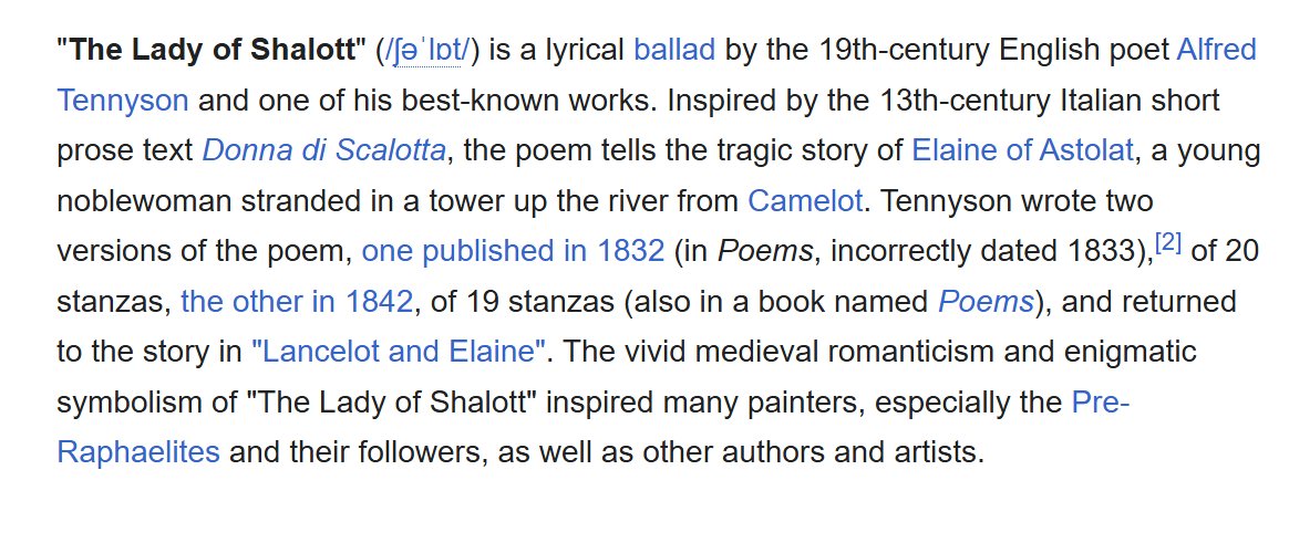 "alone in my tower" genuine question did she confuse ophelia with the lady of shallot?